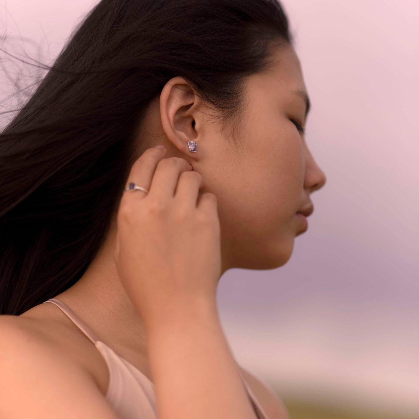 Silver stud earrings with Rough Rose Quartz