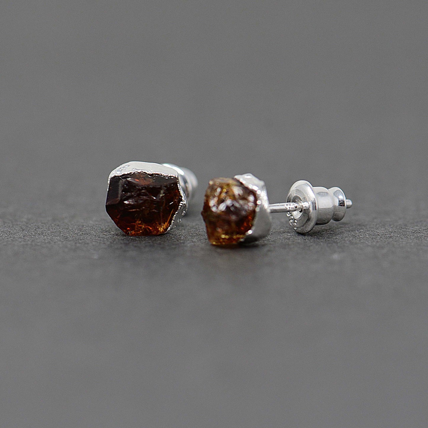 Silver stud earrings with Rough Citrine
