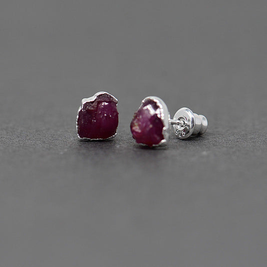 Silver stud earrings with Rough Ruby