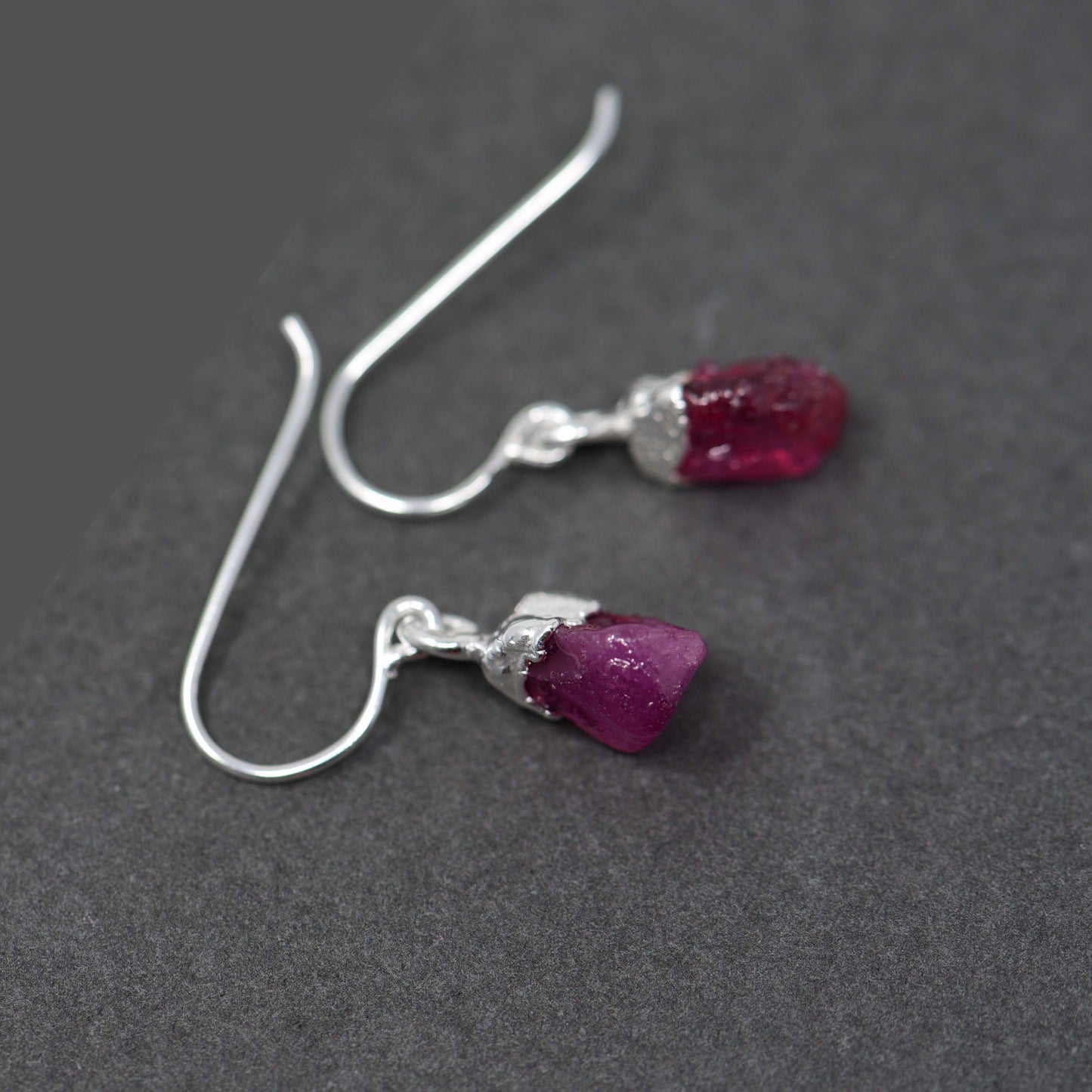 Silver hook earrings with Rough Ruby